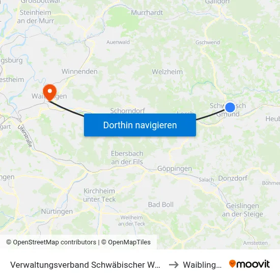 Verwaltungsverband Schwäbischer Wald to Waiblingen map