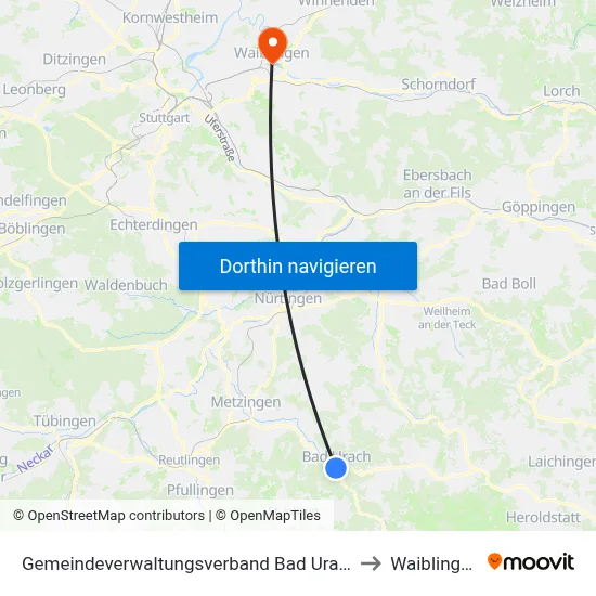 Gemeindeverwaltungsverband Bad Urach to Waiblingen map