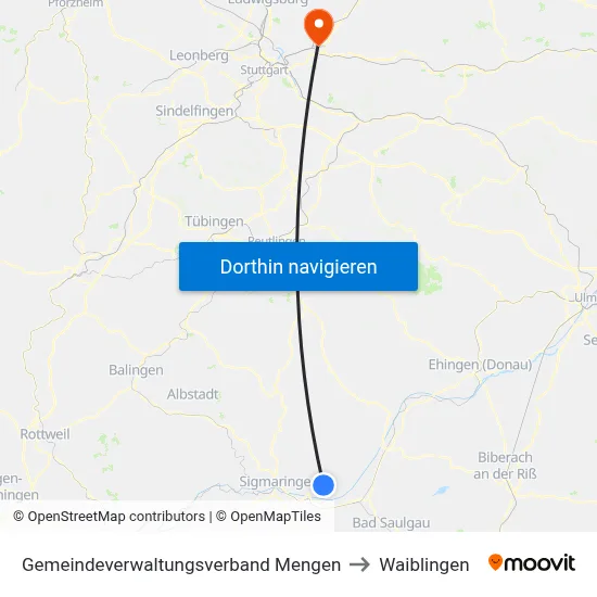 Gemeindeverwaltungsverband Mengen to Waiblingen map