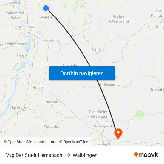 Vvg Der Stadt Hemsbach to Waiblingen map