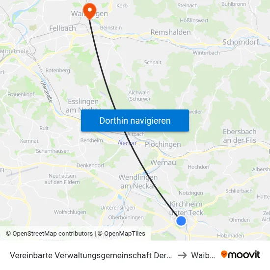 Vereinbarte Verwaltungsgemeinschaft Der Stadt Kirchheim Unter Teck to Waiblingen map