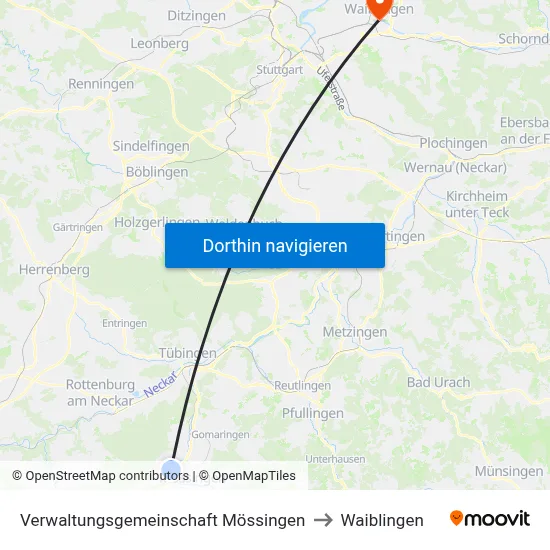 Verwaltungsgemeinschaft Mössingen to Waiblingen map