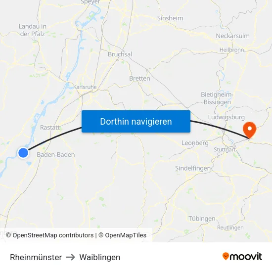 Rheinmünster to Waiblingen map