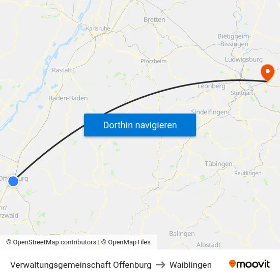 Verwaltungsgemeinschaft Offenburg to Waiblingen map