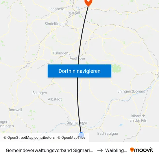 Gemeindeverwaltungsverband Sigmaringen to Waiblingen map
