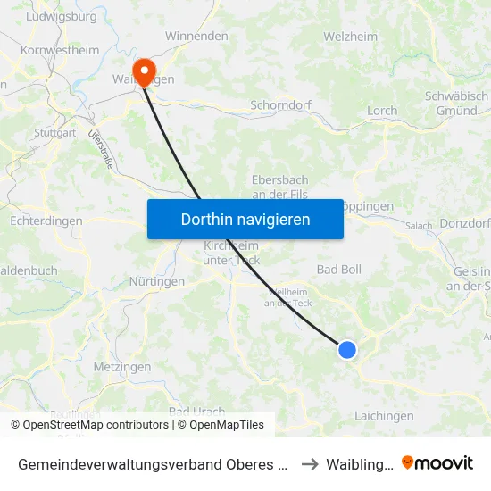 Gemeindeverwaltungsverband Oberes Filstal to Waiblingen map