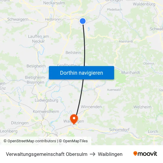 Verwaltungsgemeinschaft Obersulm to Waiblingen map