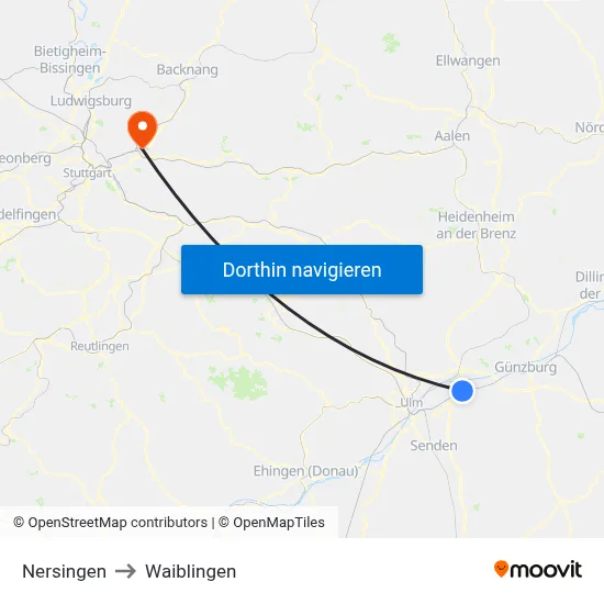 Nersingen to Waiblingen map