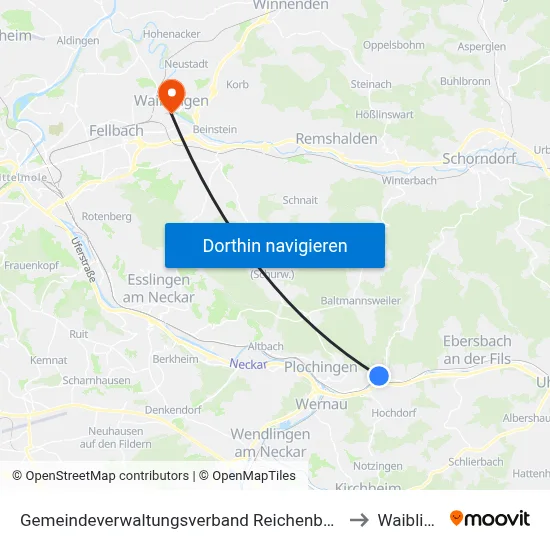 Gemeindeverwaltungsverband Reichenbach An Der Fils to Waiblingen map