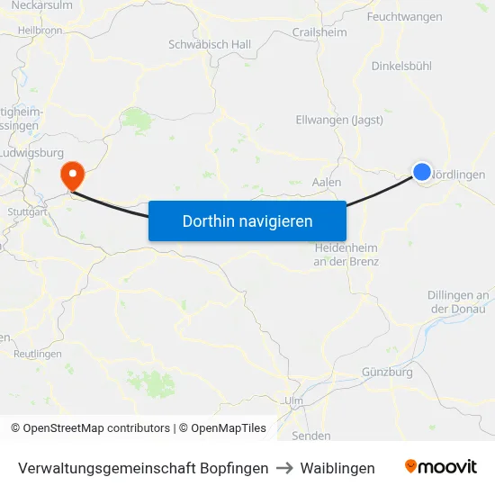 Verwaltungsgemeinschaft Bopfingen to Waiblingen map