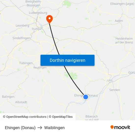 Ehingen (Donau) to Waiblingen map