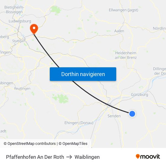 Pfaffenhofen An Der Roth to Waiblingen map