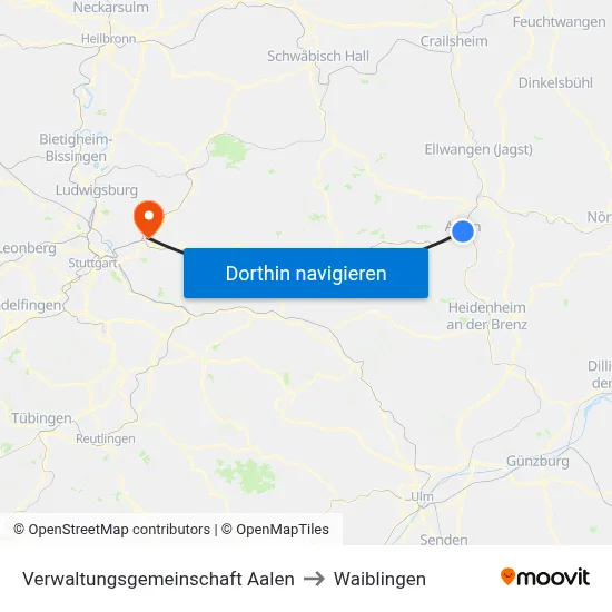 Verwaltungsgemeinschaft Aalen to Waiblingen map