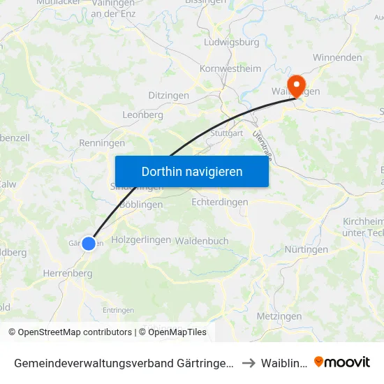 Gemeindeverwaltungsverband Gärtringen/Ehningen to Waiblingen map