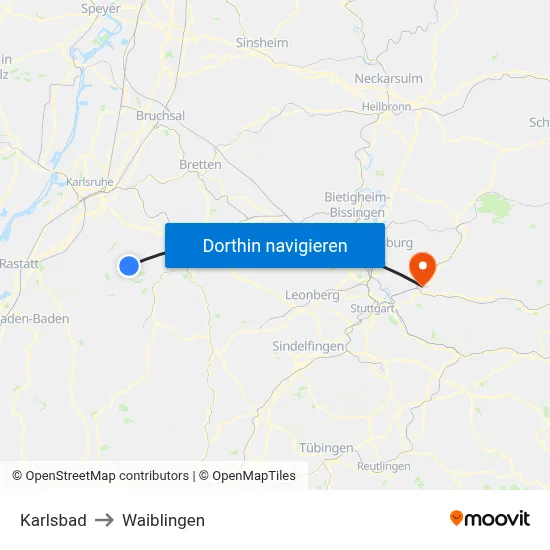 Karlsbad to Waiblingen map