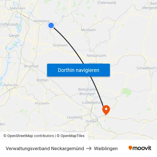 Verwaltungsverband Neckargemünd to Waiblingen map
