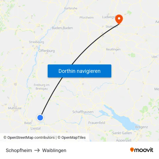 Schopfheim to Waiblingen map