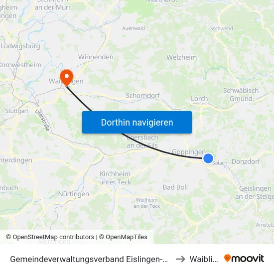 Gemeindeverwaltungsverband Eislingen-Ottenbach-Salach to Waiblingen map