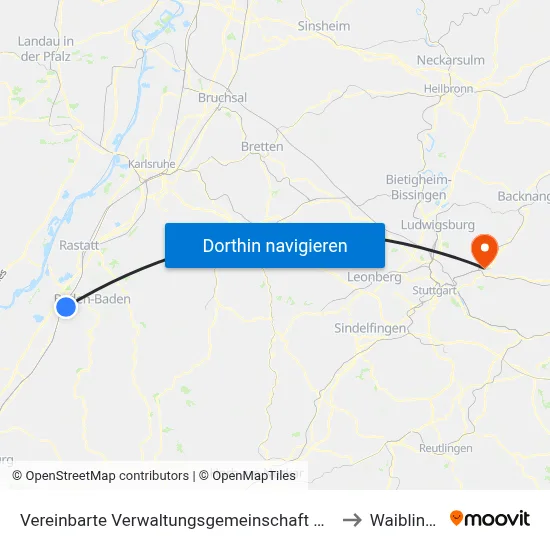 Vereinbarte Verwaltungsgemeinschaft Sinzheim to Waiblingen map