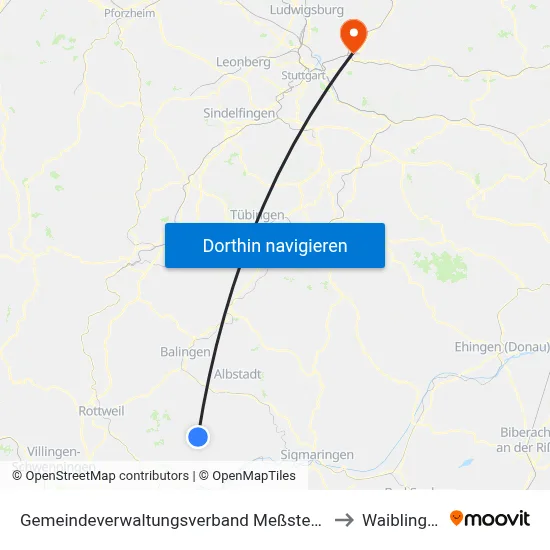 Gemeindeverwaltungsverband Meßstetten to Waiblingen map