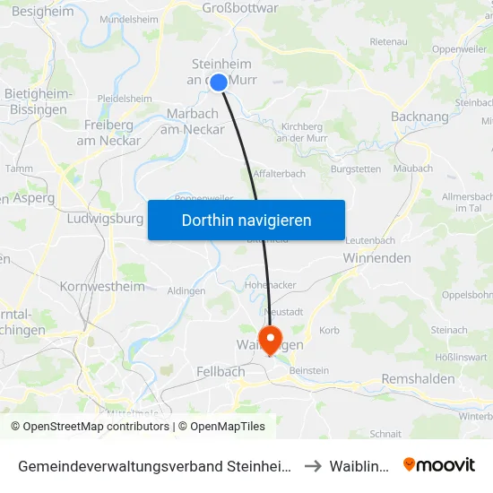 Gemeindeverwaltungsverband Steinheim-Murr to Waiblingen map