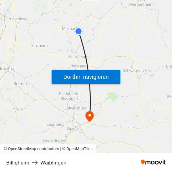 Billigheim to Waiblingen map