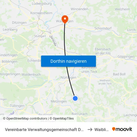 Vereinbarte Verwaltungsgemeinschaft Der Stadt Neuffen to Waiblingen map