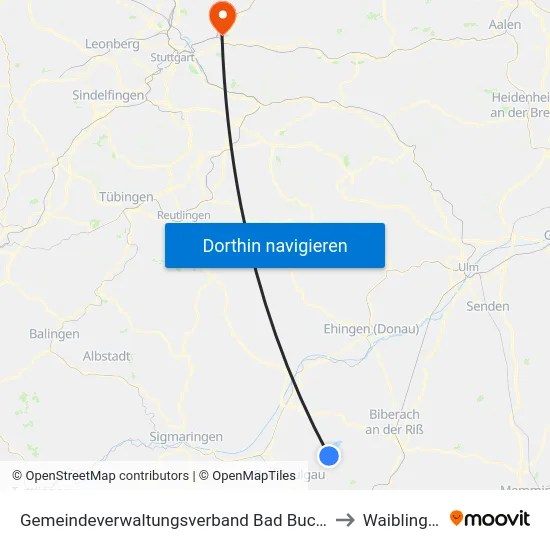 Gemeindeverwaltungsverband Bad Buchau to Waiblingen map