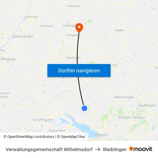 Verwaltungsgemeinschaft Wilhelmsdorf to Waiblingen map
