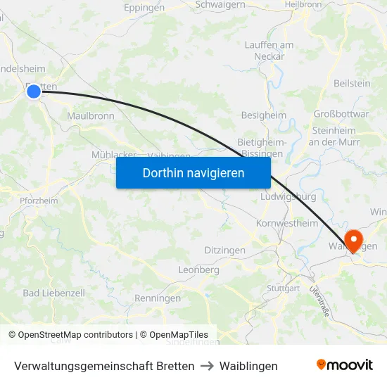 Verwaltungsgemeinschaft Bretten to Waiblingen map