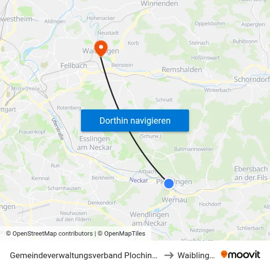 Gemeindeverwaltungsverband Plochingen to Waiblingen map