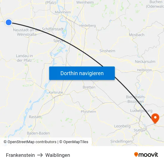 Frankenstein to Waiblingen map