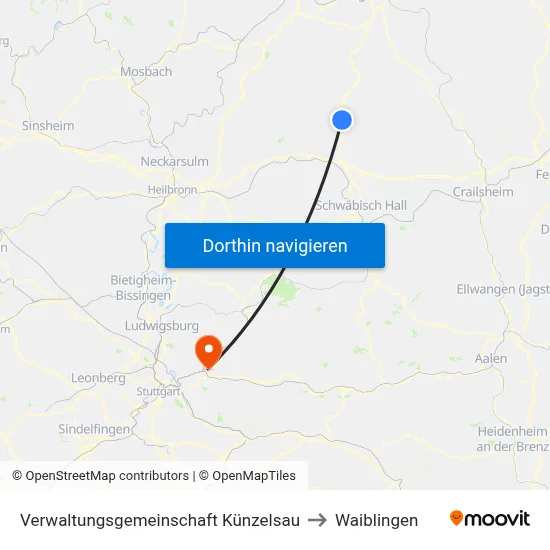 Verwaltungsgemeinschaft Künzelsau to Waiblingen map
