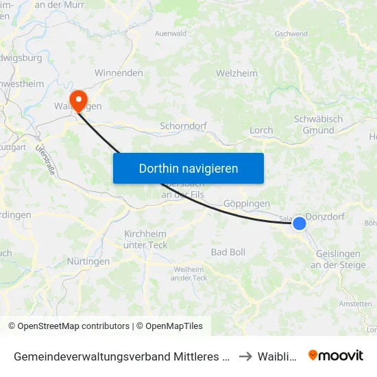 Gemeindeverwaltungsverband Mittleres Fils-Lautertal to Waiblingen map