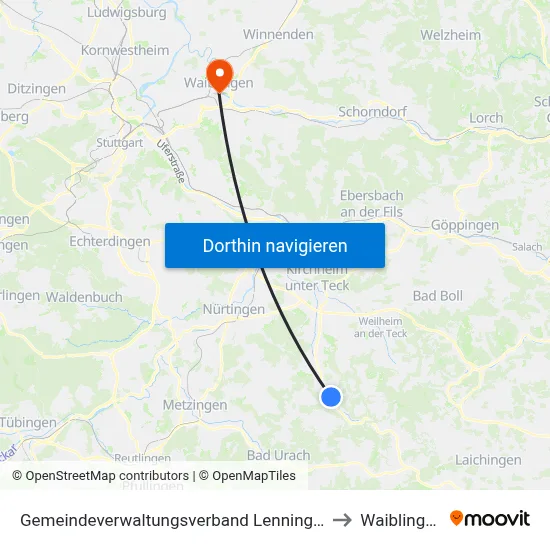 Gemeindeverwaltungsverband Lenningen to Waiblingen map