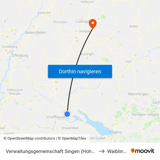 Verwaltungsgemeinschaft Singen (Hohentwiel) to Waiblingen map