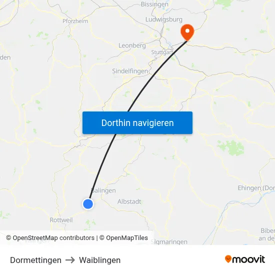 Dormettingen to Waiblingen map