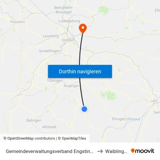 Gemeindeverwaltungsverband Engstingen to Waiblingen map