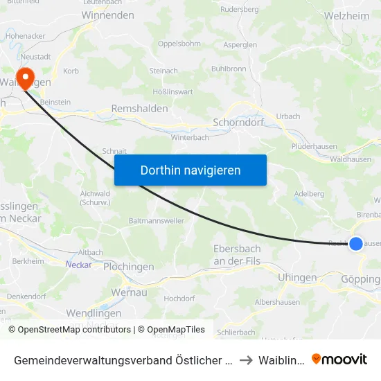 Gemeindeverwaltungsverband Östlicher Schurwald to Waiblingen map