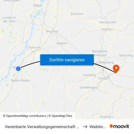Vereinbarte Verwaltungsgemeinschaft Rastatt to Waiblingen map