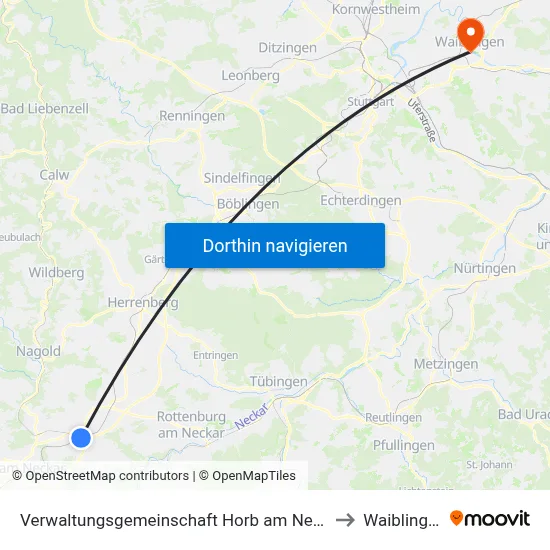 Verwaltungsgemeinschaft Horb am Neckar to Waiblingen map