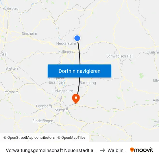 Verwaltungsgemeinschaft Neuenstadt am Kocher to Waiblingen map