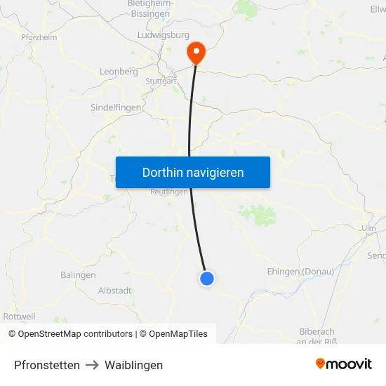 Pfronstetten to Waiblingen map