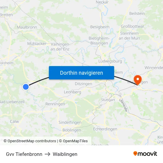 Gvv Tiefenbronn to Waiblingen map