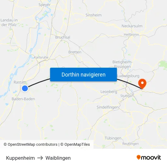 Kuppenheim to Waiblingen map