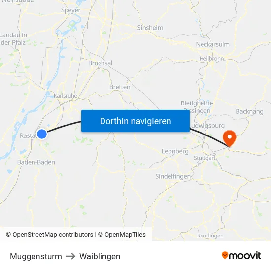 Muggensturm to Waiblingen map