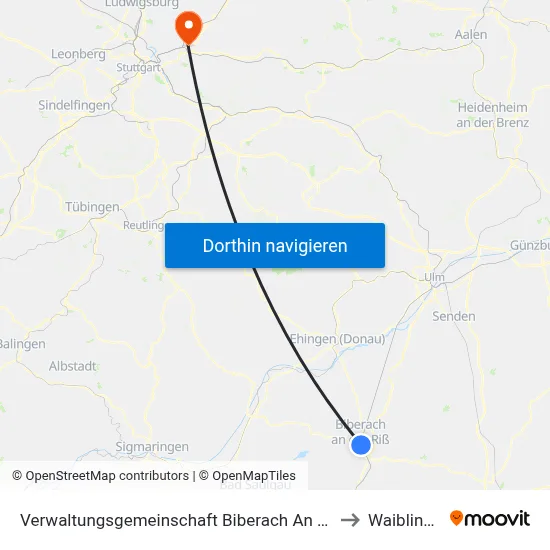 Verwaltungsgemeinschaft Biberach An Der Riß to Waiblingen map