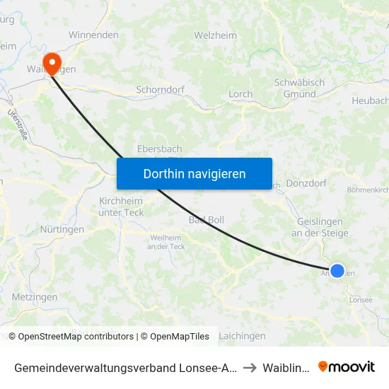 Gemeindeverwaltungsverband Lonsee-Amstetten to Waiblingen map