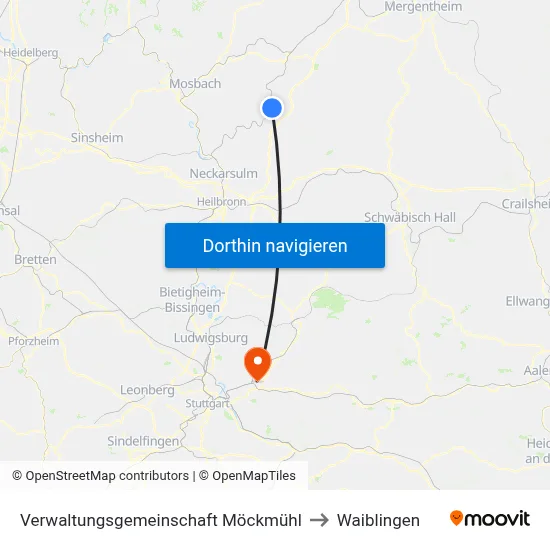 Verwaltungsgemeinschaft Möckmühl to Waiblingen map