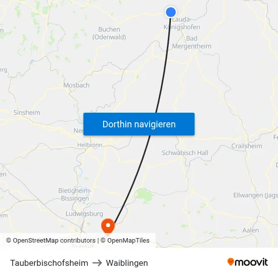 Tauberbischofsheim to Waiblingen map